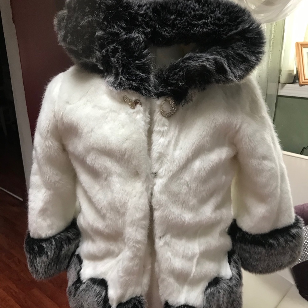 Fox jacket ( fake fur) White with gray trimming.